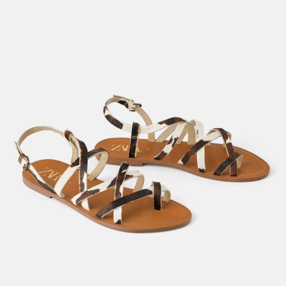 NWT • Zara • Natural Leather Flat Sandals